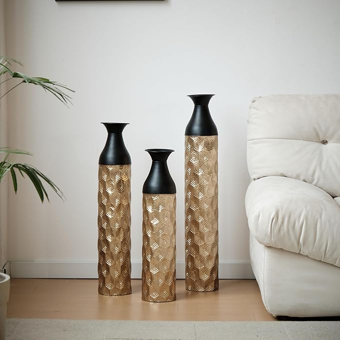 Floor Vases, Tall Home Decor Metal Vase Set of 3 Large Glazed Decorative Vases for Wedding Decor, Elegant Modern Flower Holder for Living Room, Entryway, Hallway, Dining Room