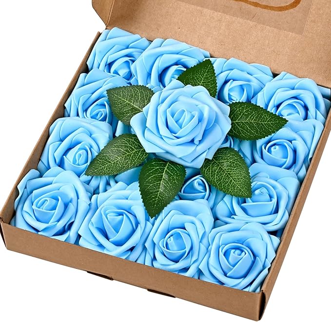 BLEUM CADE 16Pcs Artificial Flowers Fake Roses with Stems, Sky Blue Boxed Foam Roses for DIY Bouquets Centerpieces Wedding Party Arrangement Bridal Shower Decor
