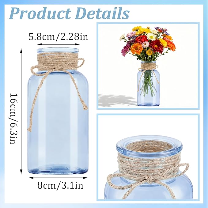 Vintage Glass Flower Vase，12 Pack Blue Farmhouse Glass Centerpiece Vases Mason Jars for Weddings, Parties & Home Decor Bulk (12, Blue)