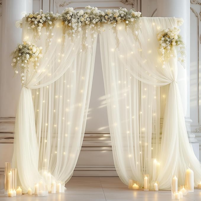 20ft x 10ft Ivory Backdrop Curtain with Lights String for Parties, Sheer Tulle Wedding Photo Backdrops Drapes for Baby Shower Birthday Party Decorations Background for Photography