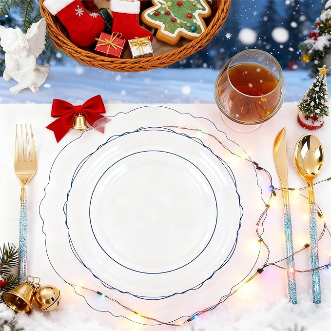 Liacere 150PCS Clear and Blue Plastic Plates-Clear and Blue Disposable Plates with Glitter Bamboo Handle Cutlery-60 Baroque Elegant Plates, 30 Forks, 30 Spoons, 30 Knives for Wedding＆Christmas