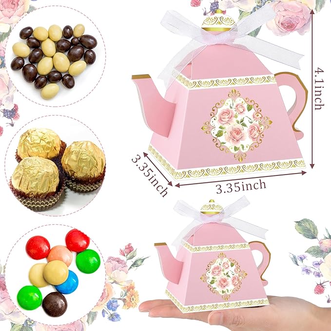 Jetec 100 Pcs Teapot Candy Box Floral Flower Tea Party Favor Gift Box Candy Boxes for Tea Garden Wedding Favors Bridal Showers Brunches Birthdays Decorations(Pink)