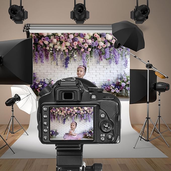 Baocicco Purple Floral Wall Backdrops 10x7ft Flowers White Brick Wall Backdrops for Photoshoot Valentine Day Decorations Anniversary Wedding Banner Supplies Birthday Baby Shower Photo Props