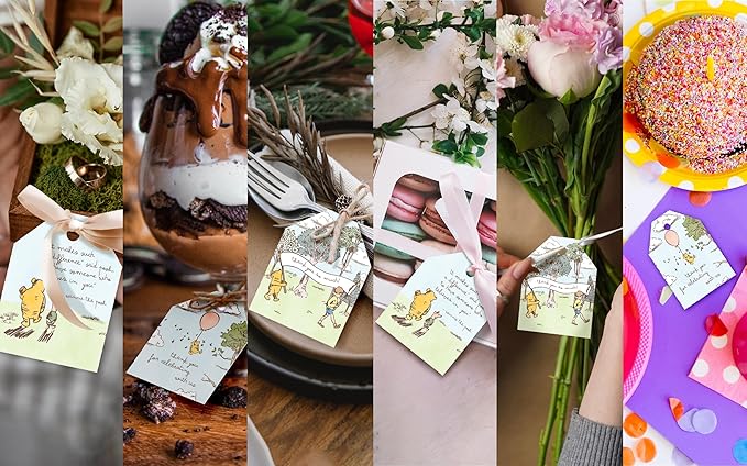 Pro Supply Global 24 Count of 2.5 Inch x 3 Inch Pre Strung Winnie The Pooh Gift Tag Assorted Printed Designs on Large Cardstock Gift Hang Tags - Ideal to Use on Bags