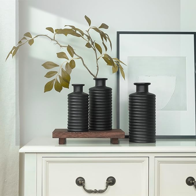 Black Ceramic Vases for Home Decor, Modern Farmhouse Frosted Semi Matte Textured Decorative Vase Set, Unique Vase for Entryway, Coffee Table, Shelf, Small Pampas Grass and Flowers
