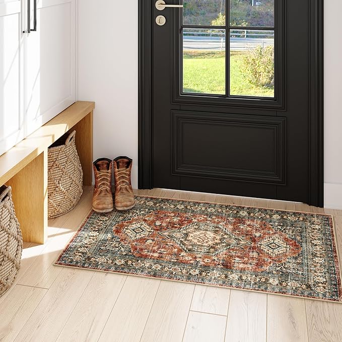 Lahome Oriental Small Area Rug, 2x4 Washable Entryway Rug Non-Slip Ultra-Thin Indoor Door Mat Distressed Throw Carpet for Kitchen Bedroom, Brick Red