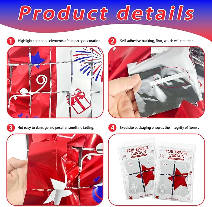 4th of July Decorations, 2 Packs 3.3x6.6ft 4th of July Photo Backdrop Streamer，Red White and Blue Tinsel Foil Fringe Curtains for Independence Day, America Patriotic, Memorial Day, Labor Day