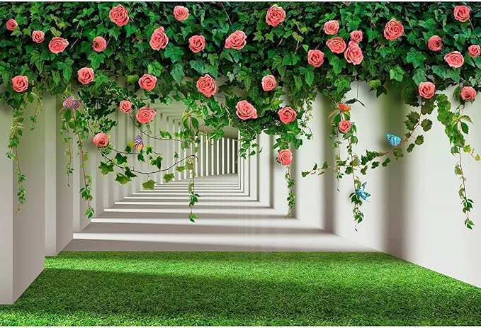 Rose Flowers Backdrop Red Rose Flowers and Green Leaves with Butterflies Photography Background Spring Alley Green Grass Backdrops Outdoor Wedding Party Decorations Photo Studio Props 10x6.5ft