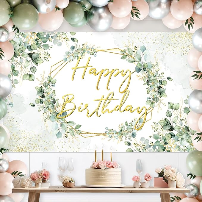 Avezano Sage Green Birthday Backdrop Greenery Eucalyptus Leaves Birthday Party Background Bday Party Decorations for Women Adults 6 x 3.6 ft