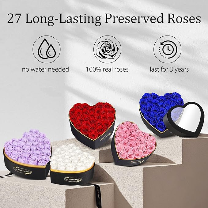 27 Preserved Roses in Heart Shape Gift Box for Her - Forever Flowers for Delivery, Eternal Rose Mothers Gifts for Mom, Wife Anniversary Birthday Gifts for Women, Blue