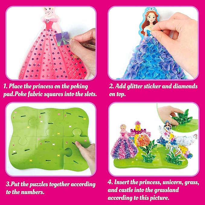 AGENTLAN Poke Art Princess Kit for Kids, DIY Craft Kits with Magical Princesses & Unicorn, Mess-Free Fabric Arts and Crafts, Fun & Easy Kits for Kids, Birthday Gifts for Ages 4 5 6 7 8+