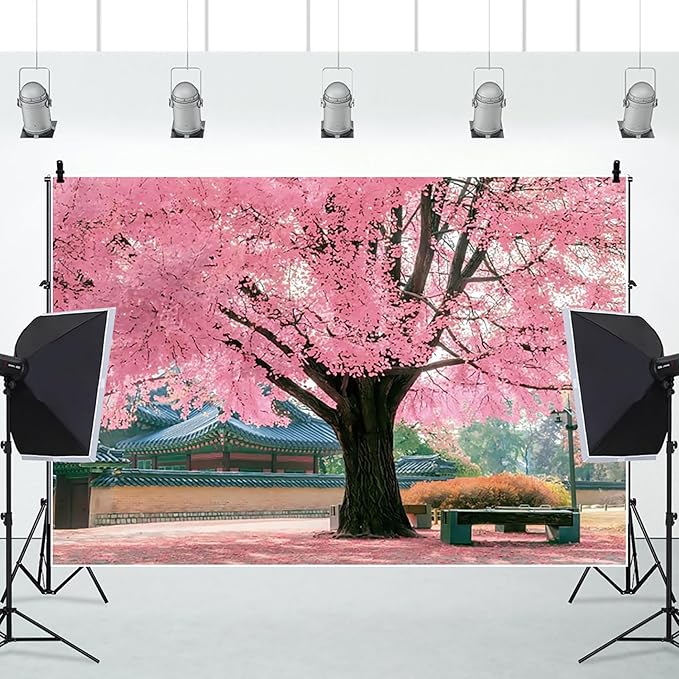 Renaiss 10x8ft Pink Cherry Blossom Backdrop Polyester Fabric Japan Cherry Floral Tree Landscape Palace Asian Themed Party Photography Background Wedding Birthday Party Decor Photo Booth Props