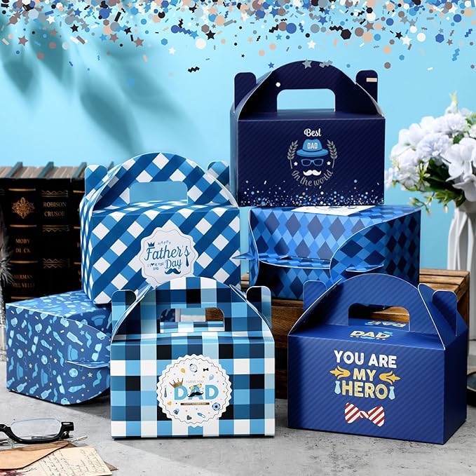 24 Pcs Father's Day Gift Boxes Happy Father's Day Party Supplies Blue Goodie Candy Boxes Holiday Paper Gift Container for Dad's Birthday Decoration