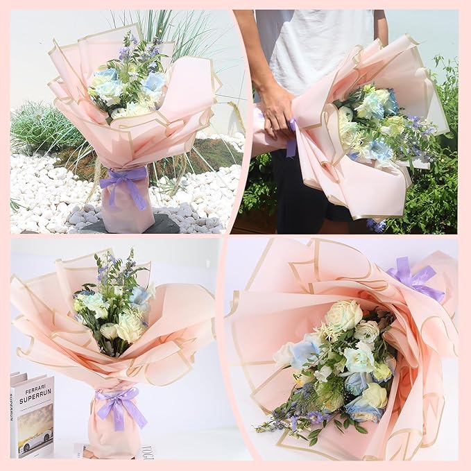 YIDATIKER 20 sheet Flower Wrapping Paper,waterproof floral wrapping paper for bouquets,DIY Florist Supplies Packaging Paper with satin ribbon for Wedding,Brithday,Valentine's Day(Pastel Pink