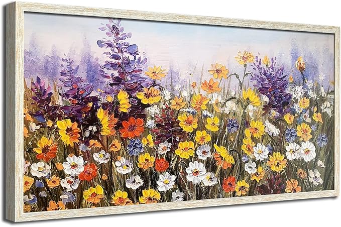 Ardemy Wildflower Wall Art Canvas Living Room Framed Daisy Floral Large Colorful Pictures Wall Decor Textured Purple Paintings Artwork for Walls Bedroom Home Office, 48"x24"