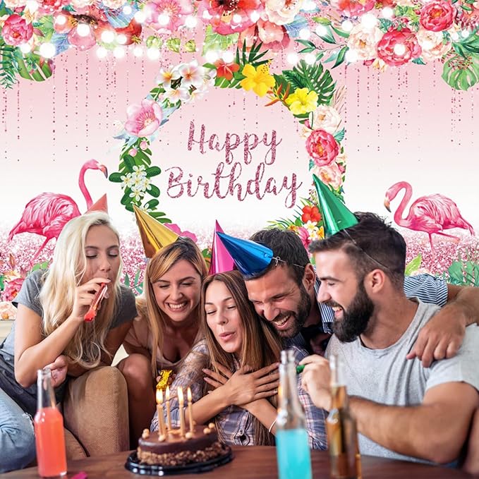 Renaiss 9x7ft Happy Birthday Backdrop Pink Flamingo Tropical Leaves Flower Hoop Winkle Hawaiian Photography Background Luau Aloha Party Decor Girls Birthday Photo Props Dessert Gift Table Banner