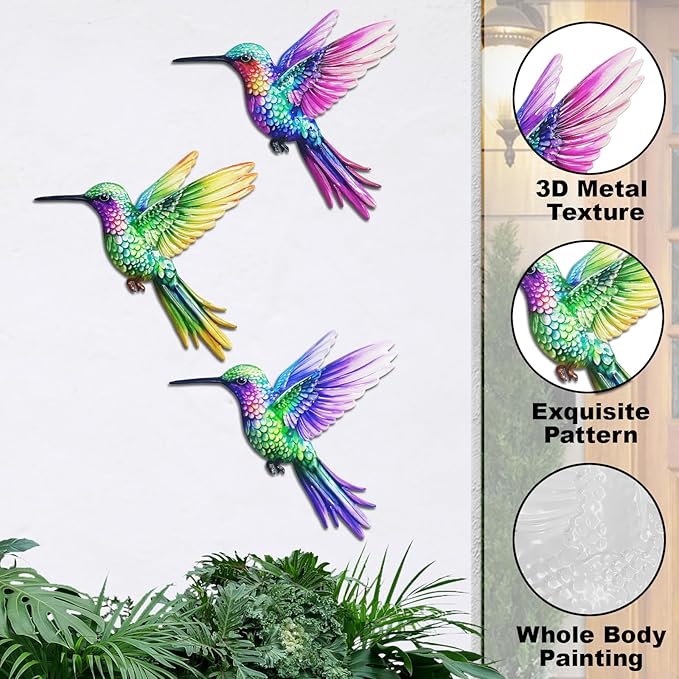 John's Studio 3Pcs Metal Hummingbird Wall Decor Outdoor Garden Hanging Art Sculptures Home Theme Decorations for Kitchen Bathroom and Pool