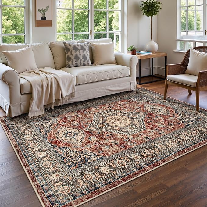 Lahome Oriental Washable Rugs for Living Room, 5x7 Area Rugs for Bedroom Ultra-Thin Non-Slip, Stain Resistant Vintage Low-Pile Throw Carpet for ‎Dining Room Office, Brick Red
