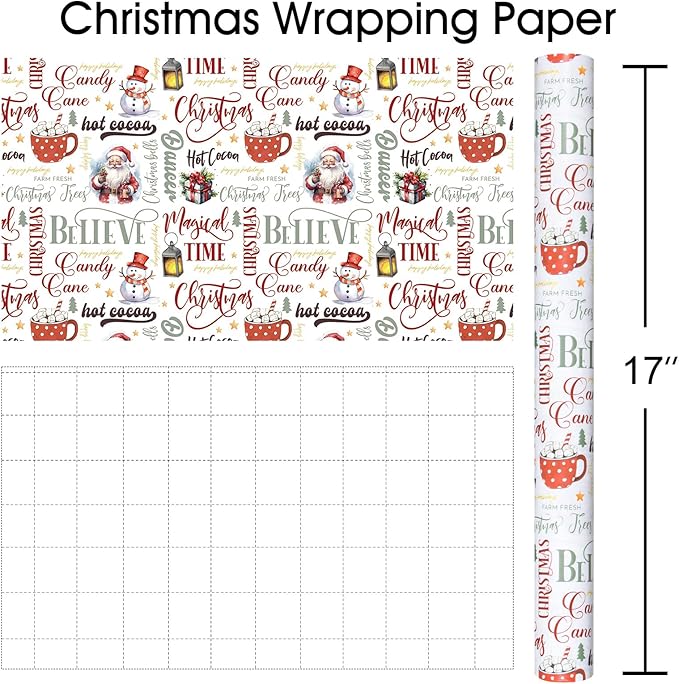 MAYPLUSS Christmas Wrapping Paper Roll - 17 In x 33 Feet - Cute Watercolor Santa Claus Snowman Christmas Gift Wrap Paper for New Year, Holiday, Kids