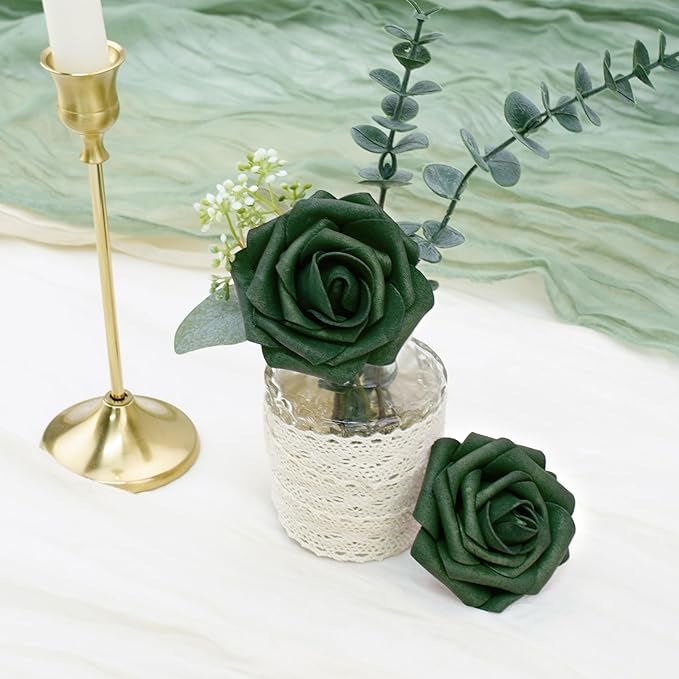 Artificial Flowers, 25pcs Hunt Green Artificial Roses Flowers with Stems Real Touch Fake Roses for DIY Wedding Bouquet Centerpiece Bridal Shower Baby Shower Home Decoration