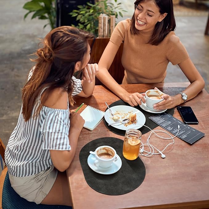 ADRIMER Placemats, Heat Resistant Oval Placemats Set of 6 Washable 12 x 17 Inch, Waterproof Table Mats, Wipeable Pu Place Mats for Kitchen, Dark Grey