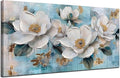 Ardemy Flower Wall Art for Living Room White Floral Canvas Art Wall Decor, Magnolia Teal Picture Textured Painting Turquoise Artwork Bedroom Dining Room Kitchen Home Office 40"x20"
