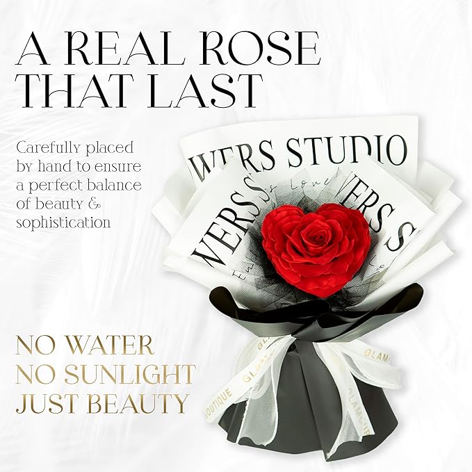 GLAMOUR BOUTIQUE Preserved Rose Single Heart Bouquet - Flowers Roses Eternal in a Box, Gift for Wife Anniversary, Birthday, for Her Flowers Eternal