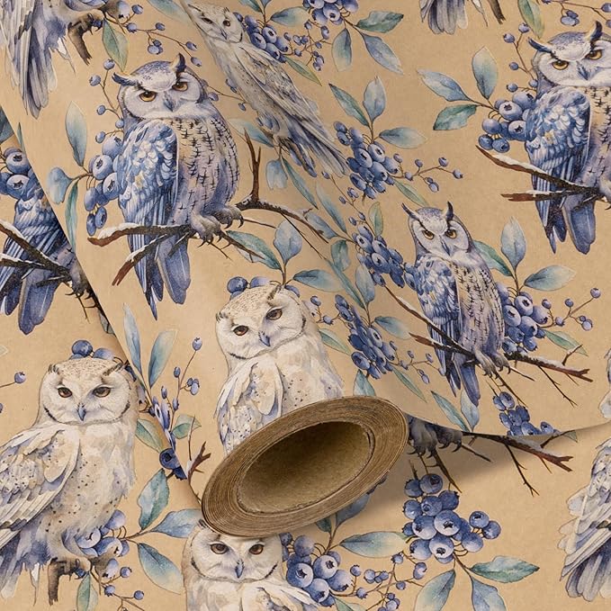 WRAPAHOLIC 30 Inch Kraft Christmas Wrapping Paper - 30 Inch x 33 Feet - Owl Wrapping Paper Wild Animal Winterfall Watercolor Design for Christmas, Holiday, Party Celebration
