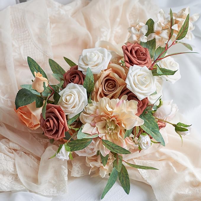 Artificial Flowers, 25pcs Terracotta Artificial Rose for DIY Wedding Bouquets Centerpieces Arrangements, Foam Roses with Stems for Bridal Shower Party Home Decorations