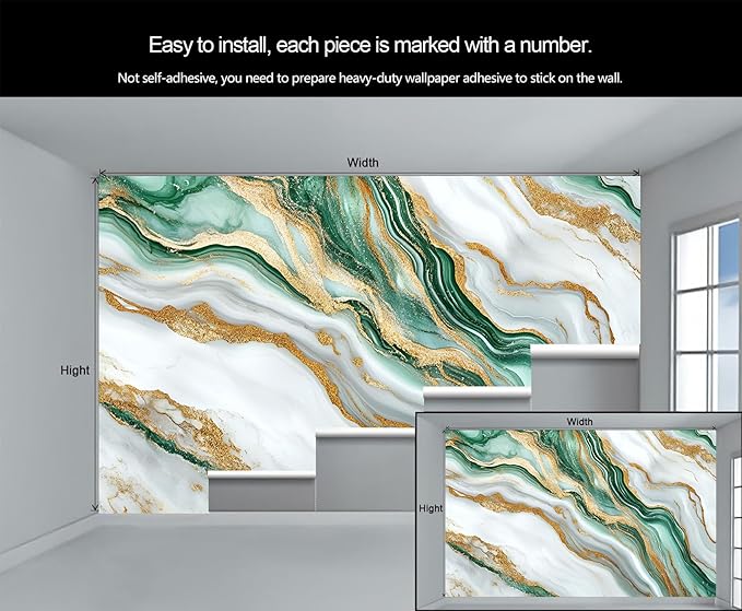 Green Gold Marble Wall Mural, Elegant Marble 3D Wall Murals, Luxury Stone Texture Wallpaper Mural, for Living Room Bedroom Large Wallpaper Indoor Decor 98.4" W x68.9 H