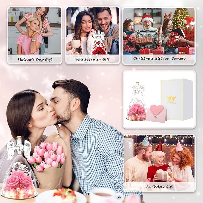 ANWEAO Mothers Day Birthday Gifts for Her Preserved Real Rose in Angel Glass Crystal Angel Figurines,The Best Mothers Day Christmas Anniversary Birthday Gift for Mum Wife (Pink)