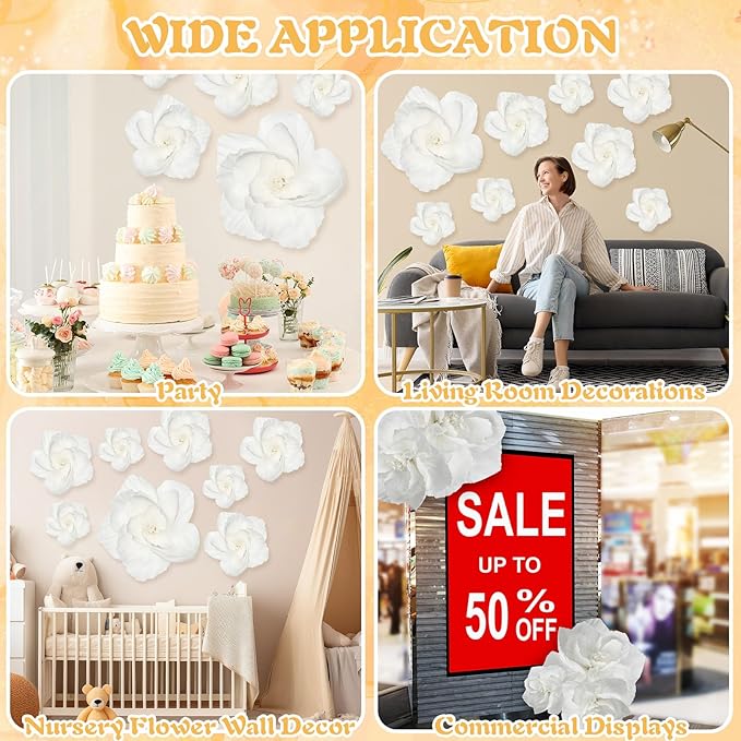 Giant Paper Flowers Artificial Large Paper Flower Decoration for Handcrafted Wall Backdrop Christmas Mexican Wedding Graduation Bridal Shower Birthday Party Supplies(White,48 Pcs)