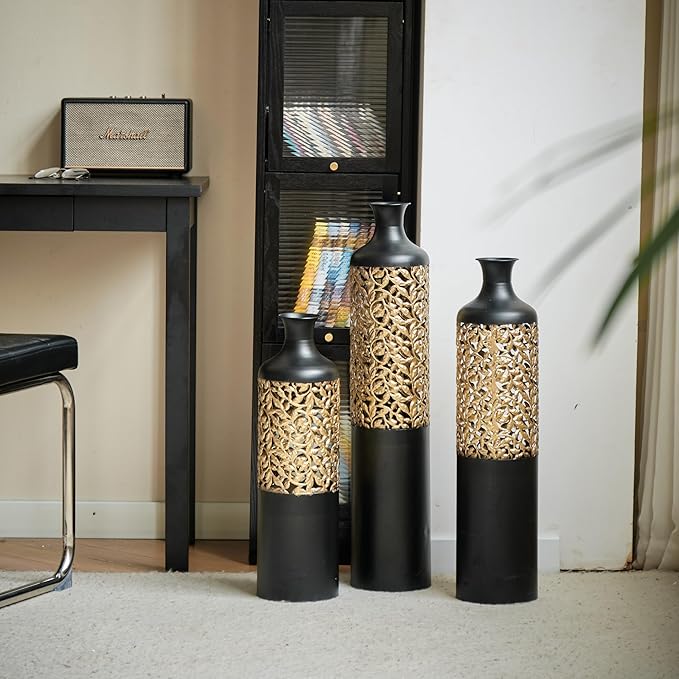 Floor Vases, Tall Home Decor Metal Vase Set of 3 Large Glazed Decorative Vases for Wedding Decor, Elegant Modern Flower Holder for Living Room, Entryway, Hallway, Dining Room