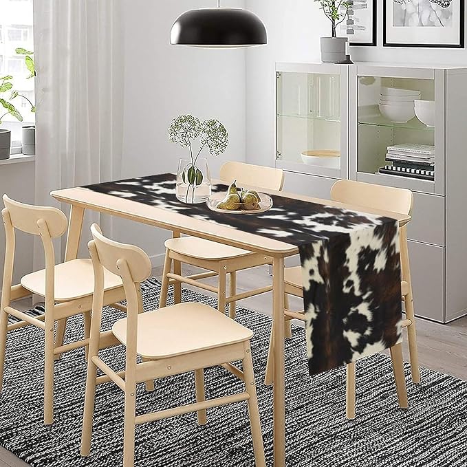 Cow Print Table Runner, Black White Cowhide Print Western Style Table Runner Country Farmhouse Cottage Cow Patten Table Decoration for Home Kitchen Dining, 13x60 Inch