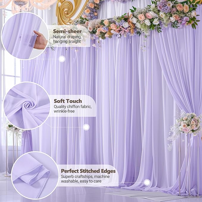 10ft x 10ft Lilac Backdrop Curtains, Wrinkle-Free Sheer Chiffon Fabric Photo Backdrop Drapes for Wedding Arch Party Ceremony Stage Photography Decorations