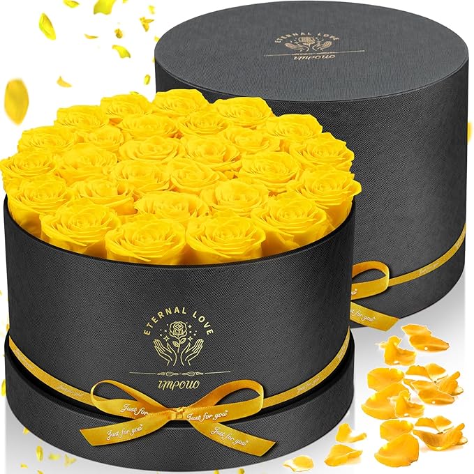 Forever Flowers 27 Roses in A Box, Real Preserved Roses, Birthday Gift for Women, Mother's Day, Anniversary Day - Yellow Rose