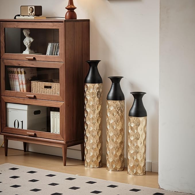 Floor Vases, Tall Home Decor Metal Vase Set of 3 Large Glazed Decorative Vases for Wedding Decor, Elegant Modern Flower Holder for Living Room, Entryway, Hallway, Dining Room