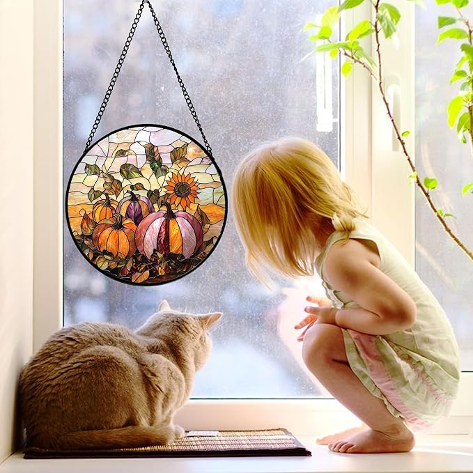 Stained Glass Window Hanging, Pumpkin Sunflower Suncatcher Diamond Glass Panel Sun Catchers Decor for Birthday for Women, Men, Wife, Aunt, and Mom 11.8x11.8 in