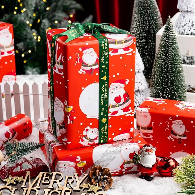 MAYPLUSS Santa Christmas Wrapping Paper Roll - 17 Inch X 33 Feet - Red Vintage Festive Santa Claus HO Design Winter Holiday Gift Wrap Sheet for Family gifts, Christmas Eve, Birthday, Party