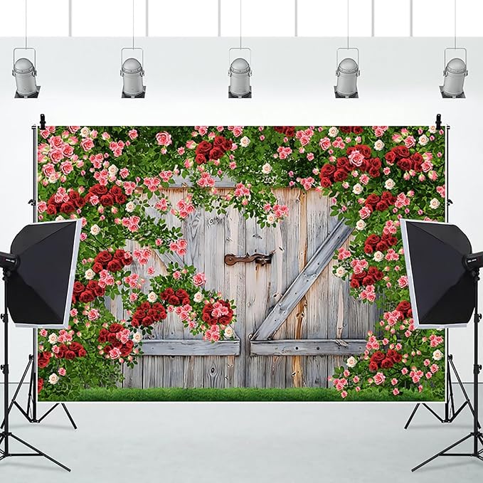AOFOTO Barn Door Rose Backdrop Rustic Red Pink Beige Flowers Background Romantic Phtography Banner for Anniversary Wedding Decor Photo Studio Photobooth Props 6x4ft