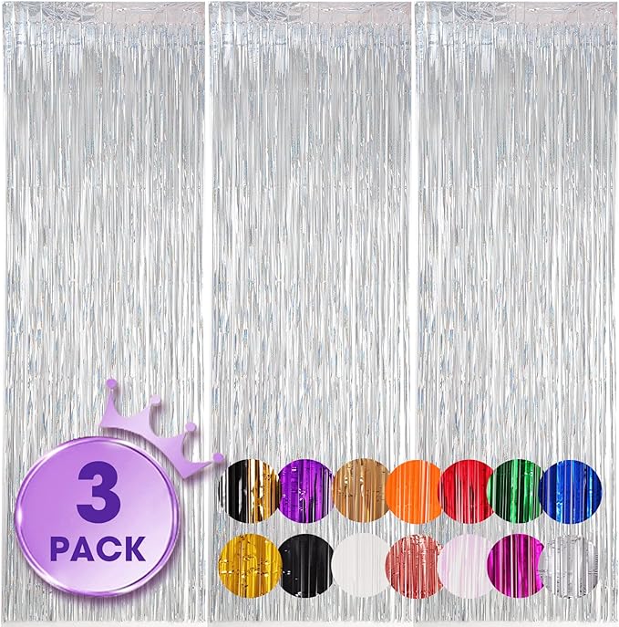 3 Pack 3.3x8.2 Feet Laser Silver Foil Fringe Backdrop Curtains, Tinsel Streamers Birthday Party Decorations, Fringe Backdrop for Graduation, Baby Shower, Gender Reveal, Disco Party