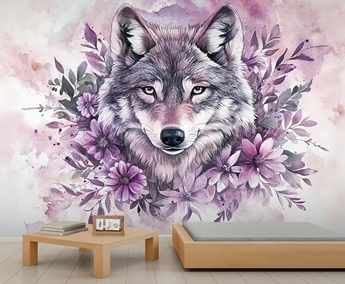 Wolf with Floral Watercolor Wall Mural, Purple Wolf Watercolor Art 3D Wall Murals, Art Flower Painting Wallpaper Mural, for Living Room Bedroom Large Wallpaper Indoor Decor 169.3" W x118.2 H