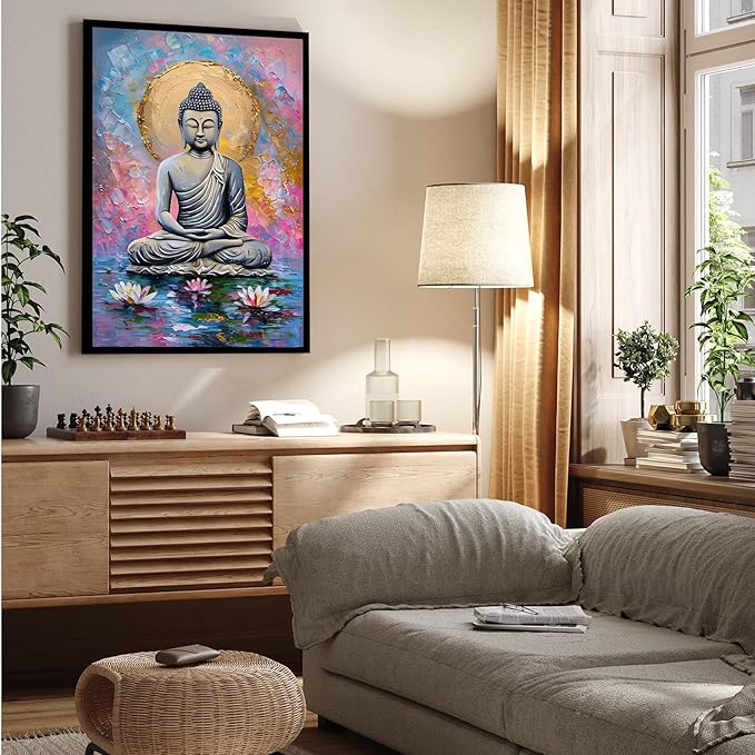 Lotus and golden Buddha meditation tranquil zen wall art mindfulness wall art for spiritual harmony and tranquility decor 12x18in Metal blackFramed