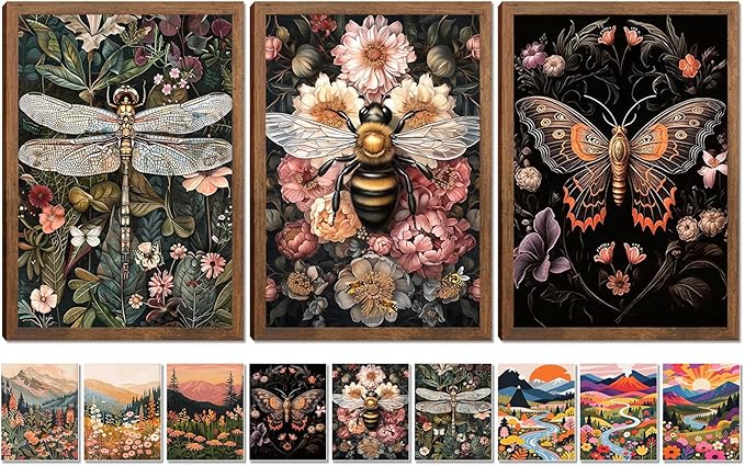 Retro Insect Bee Butterfly Dragonfly Wall Art Set Of 3 24x16In Wood Framed, with 9 Bonus Posters 8"x10", Nature plant Canvas Decoration Paintings Artwork for Office Bedroom Living Room Home Decor