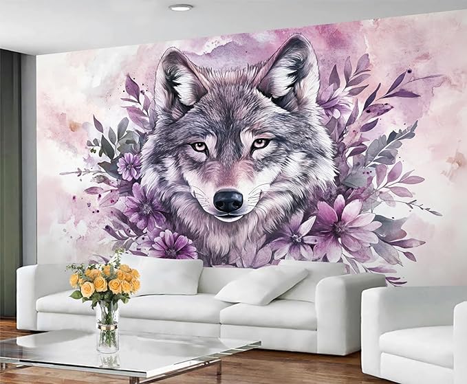 Wolf with Floral Watercolor Wall Mural, Purple Wolf Watercolor Art 3D Wall Murals, Art Flower Painting Wallpaper Mural, for Living Room Bedroom Large Wallpaper Indoor Decor 197" W x124.8 H