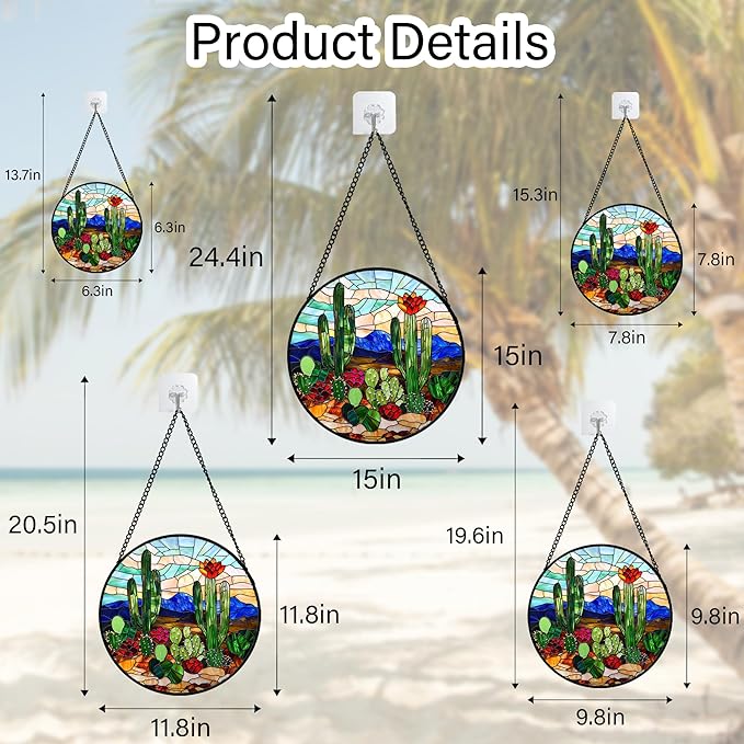 Stained Glass Window Hanging, Green Cactus Suncatcher for Doors Window Home Plant Landscape Sun Catchers Decoration Mother's Day Birthday Gifts for Women, Men, and Mom 9.8 in