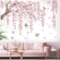 decalmile Large Pink Flower Tree Branch Wall Decals Cherry Blossom Tree Floral Birds Wall Stickers Living Room Bedroom Tv Background Wall Decor