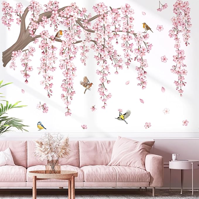 decalmile Large Pink Flower Tree Branch Wall Decals Cherry Blossom Tree Floral Birds Wall Stickers Living Room Bedroom Tv Background Wall Decor