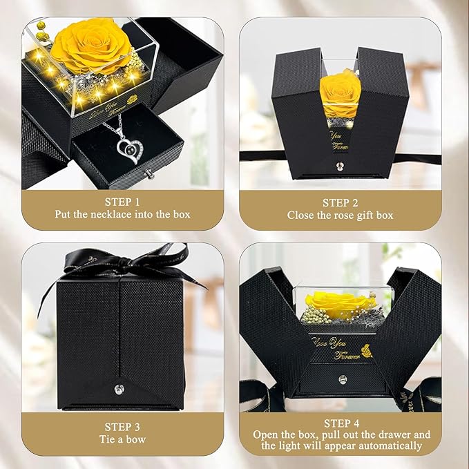 Preserved Real Rose-Eternal Flowers Rose Mothers Day for Mom Women Her Wife Girlfriend on Birthday Valentines with I Love You Necklace 100 Languages Romantic Gift (Yellow)