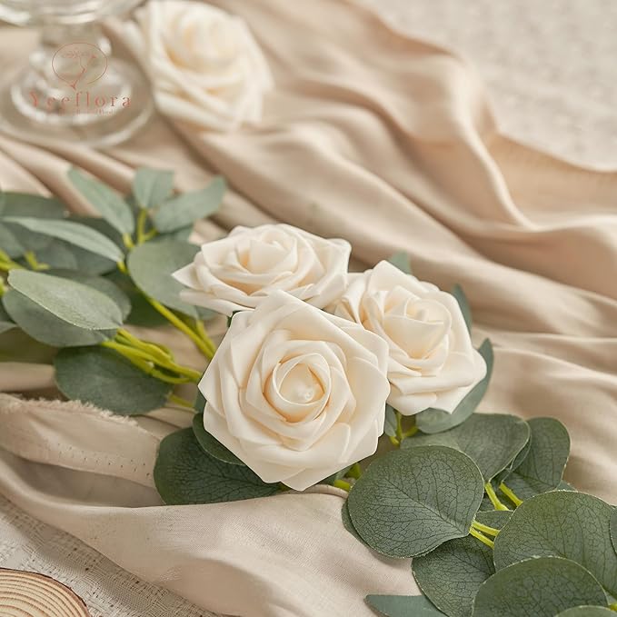 Artificial Flowers, 50pcs Artificial Rose for DIY Wedding Bouquets Centerpieces Arrangements, Champagne Foam Rose with Stem for Bridal Shower Party Home Decorations
